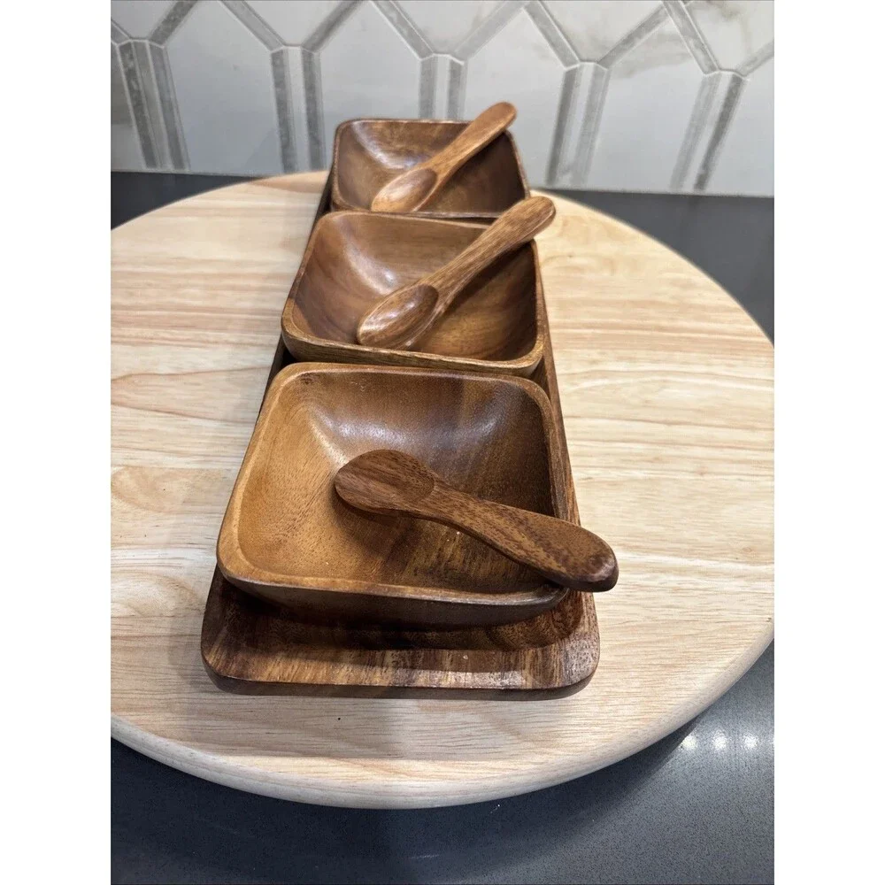 Monkey Pod Wood Set 3 Square Snack Dipping Bowls with Spoons and Tray Vtg MCM